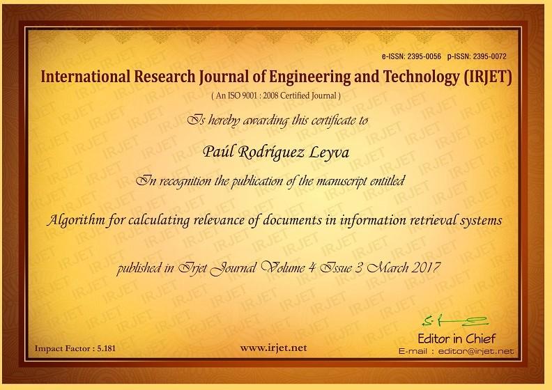 Certificate that endorses the recent publication of Ing. Paúl Rodríguez.