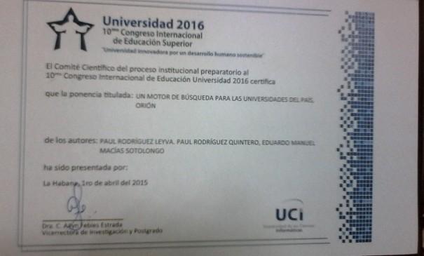 Certificado que avala la participación del Ing. Paúl Rodríguez en el Décimo Congreso Internacional de Educación Superior. 