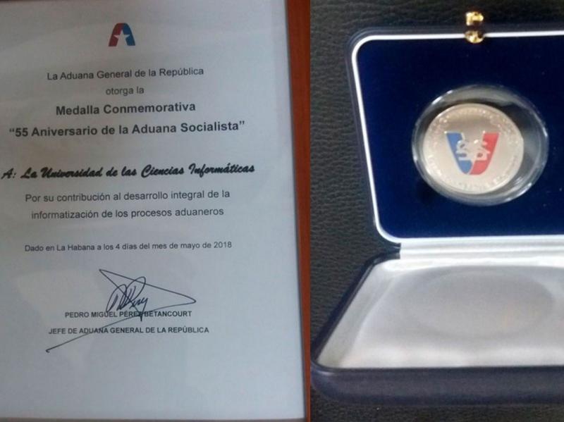 Diploma y Medalla otorgada a la UCI por la Aduana de la República de Cuba con motivo del Aniversario 55 de esa institución, donde reconocen los aportes realizados por el Centro de Informatización de Entidades durante una década.