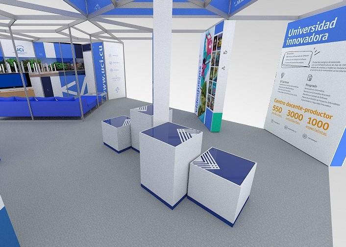 Modelo en 3D del stand de la UCI en la Feria Internacional Informática 2018. Diseño: José Daniel Núñez Cabreja y Camila Suárez Aragón